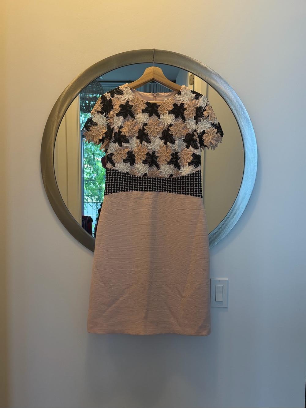 Embroidered Floral Lace Pink Pencil Dress with Houndstooth Waist
